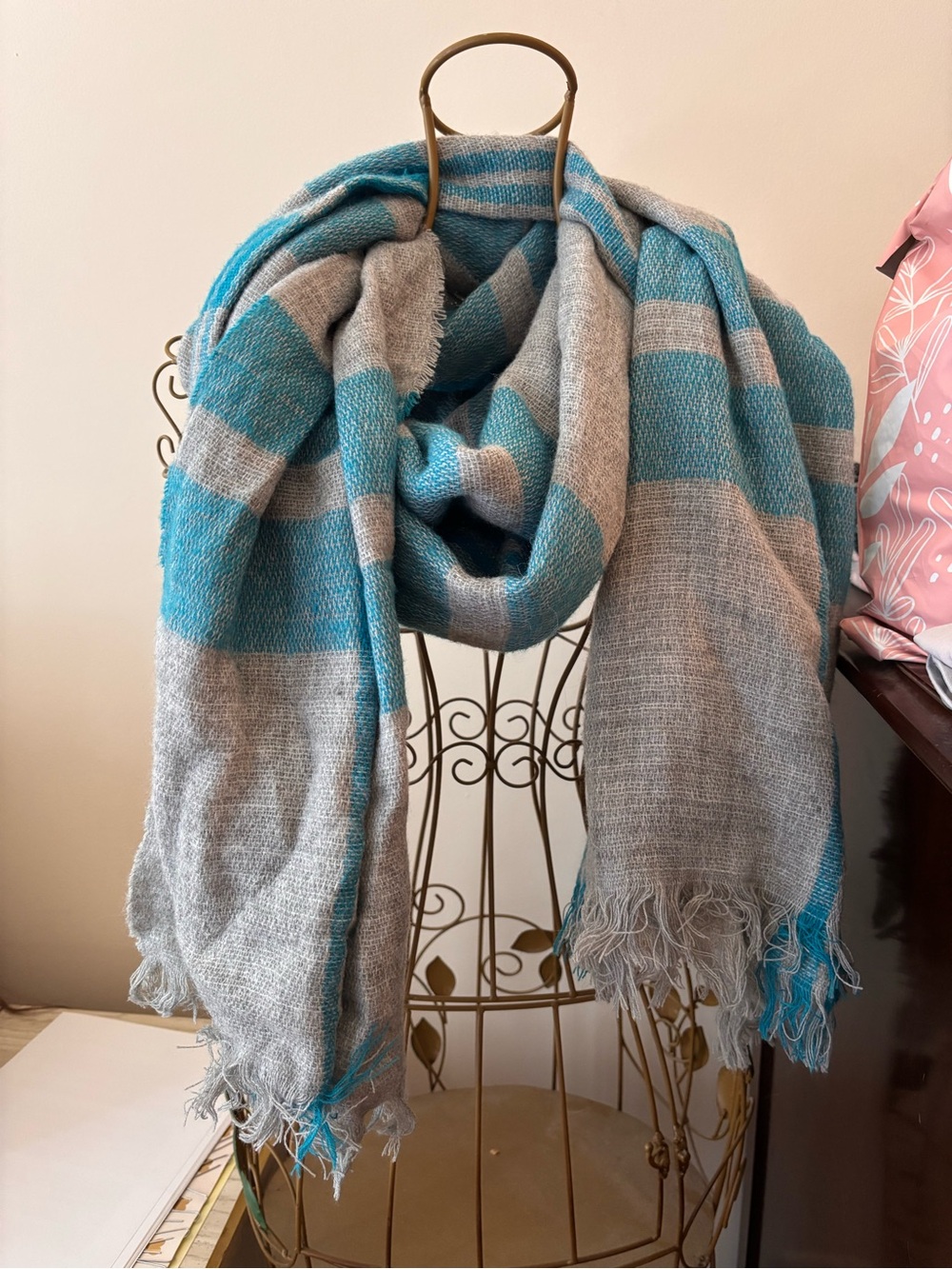 Charming Charlie Turquoise and Gray Striped Woven Scarf